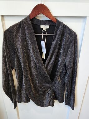 Status Metallic Charcoal Wrap Blouse